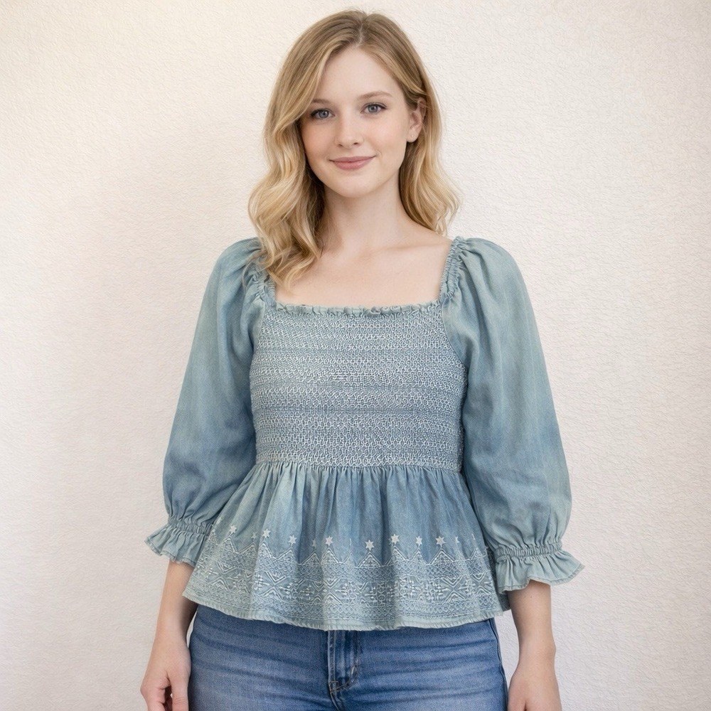 NEW American Eagle Smocked Square Neck Babydoll Top Blue‎ Womens Small